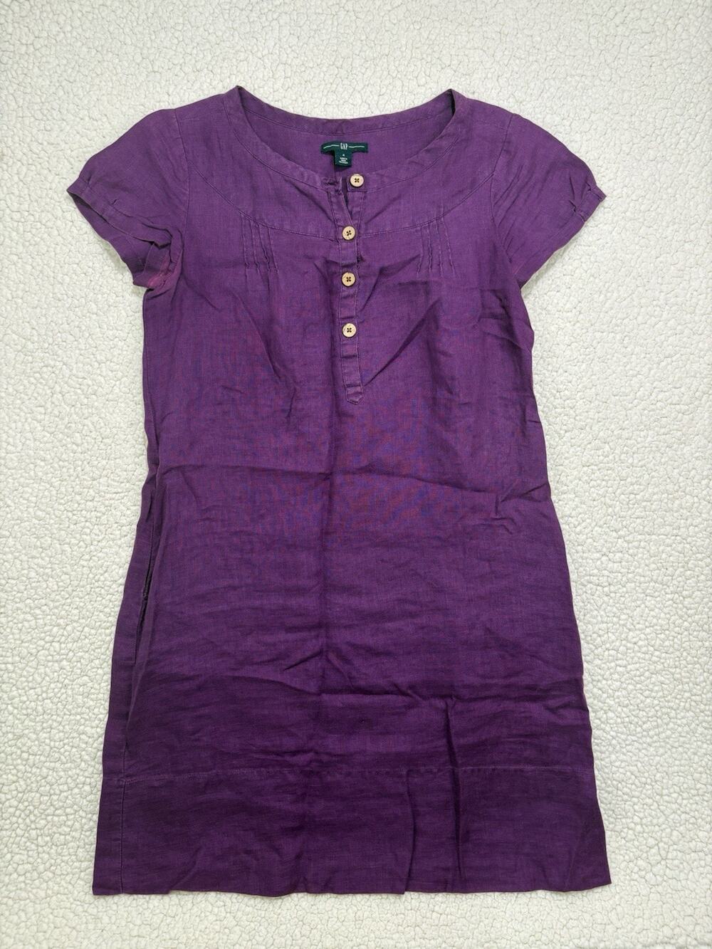 Vintage‎ Gap 100% Linen Purple Sleeveless Mini Shift Dress Size 4 Button Front